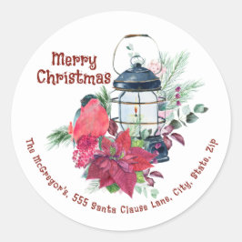 Kerstretouradres  lantaarn ronde sticker