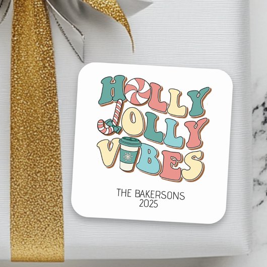KerstRetro Holly Jolly Vibes Vierkante Sticker