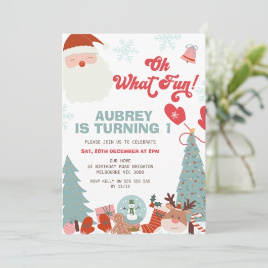 Kerstretro Oh wat leuk 1e verjaardag Kaart (Staand voorkant)