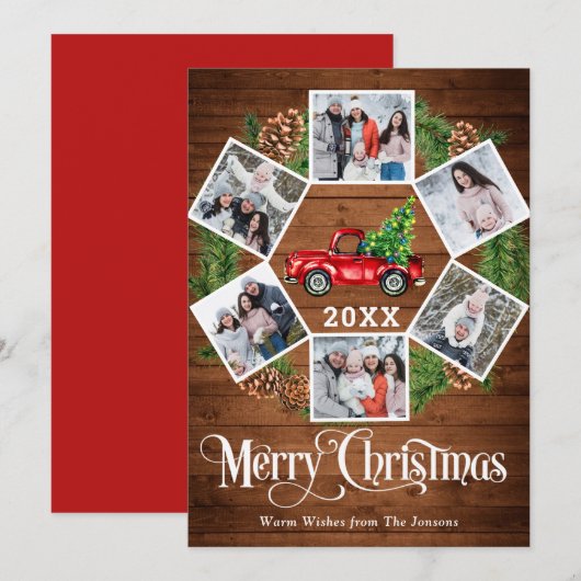 kerstretro Red Boerderij Truck Greep 6 FOTO Feestdagenkaart (Voorkant / Achterkant)