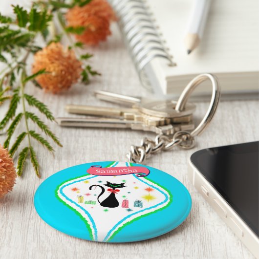 Kerstretro Siamese Cat Personalize Name Sleutelhanger (Zijkant)