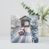 Kerstretro vrachtwagen en overdekte brug feestdagenkaart (Staand voorkant)