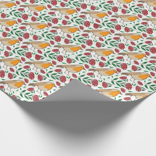 KerstRobin Berries Red Green White Cadeaupapier (Hoek)