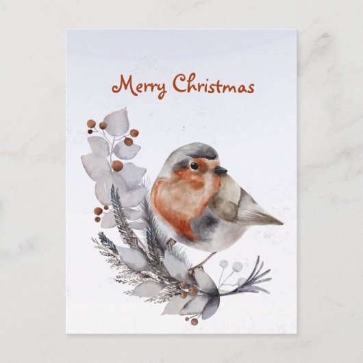 KerstRobin Redborst Floral Waterverf Feestdagenkaart (Voorkant)