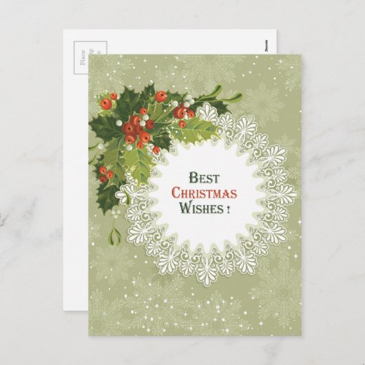 Kerstrode Berries Green Wreath Feestdagenkaart (Voorkant / Achterkant)