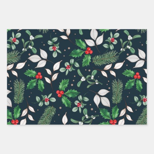 Kerstrode bessen en groene bladeren inpakpapier vel (Voorkant 2)