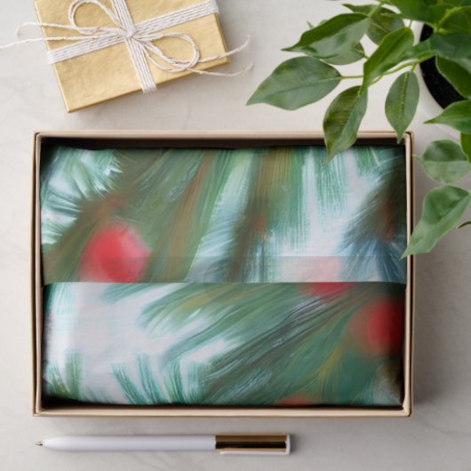 kerstrode bessen op groene lijnen tissuepapier (Geschenk)