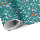 Kerstrode bessen patroon modern elegant blauwgroen cadeaupapier (Rol Hoek)