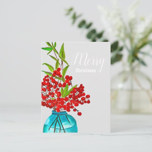 Kerstrode bessen watercolor kunst feestdagenkaart (Staand voorkant)
