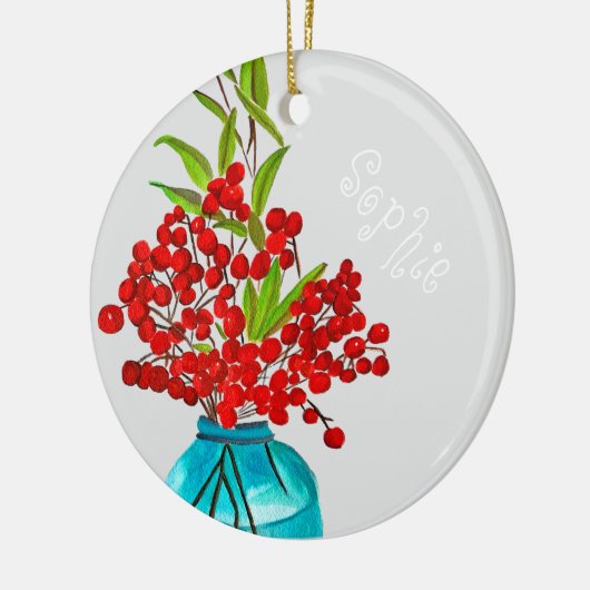 Kerstrode bessen waterverf kunst keramisch ornament (Links)