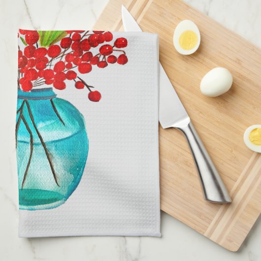 Kerstrode bessen waterverf kunst theedoek (Quarter Fold)