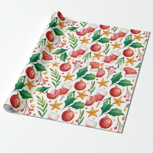 kerstrode bollen, Poinsettia Parts en Nuts Cadeaupapier (Uitgerold)