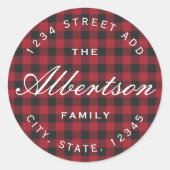 Kerstrode Buffalo Check Family Return-adres Ronde Sticker (Voorkant)