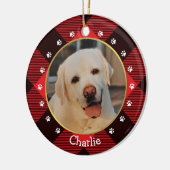 Kerstrode buffels, foto van speldenhond, naam en t keramisch ornament (Links)