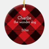 Kerstrode buffels, foto van speldenhond, naam en t keramisch ornament (Achterkant)