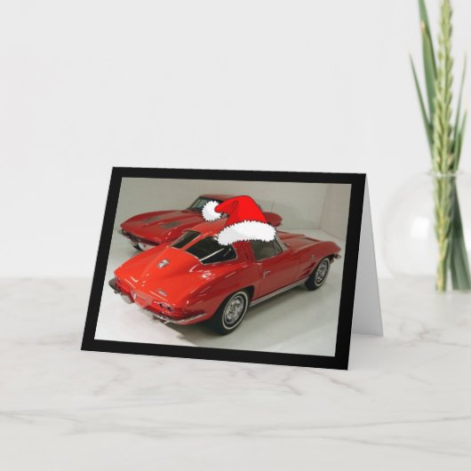 Kerstrode corvette klassieke gespleten raam feestdagen kaart (Voorkant)