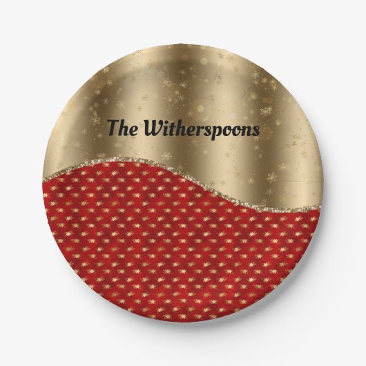 Kerstrode Floral met gouden lint en naam Papieren Bordje (Voorkant)