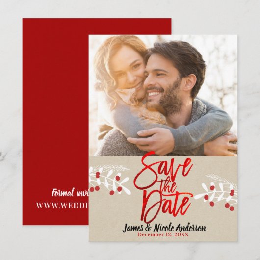Kerstrode Folie Modern Save the Date Foto (Voorkant / Achterkant)