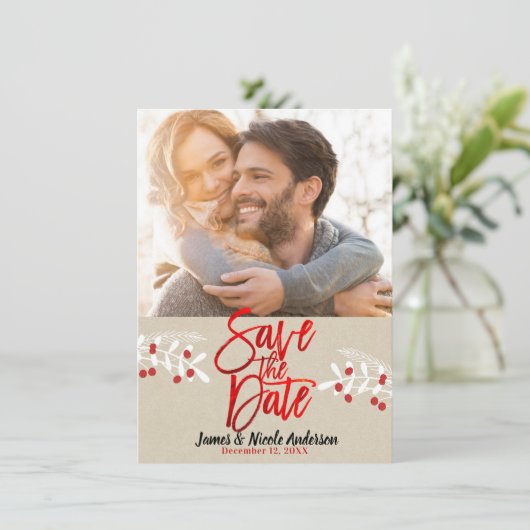 Kerstrode Folie Modern Save the Date Foto (Staand voorkant)