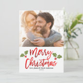 Kerstrode Folie Moderne Script Holiday Foto Feestdagenkaart (Staand voorkant)