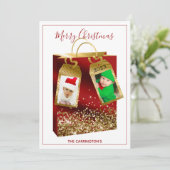 Kerstrode glitter Gold twee-fotofeestkaart (Staand voorkant)