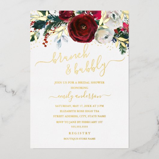 kerstrode goudbrauwbloemen en brabbel folie uitnodiging (Voorkant)