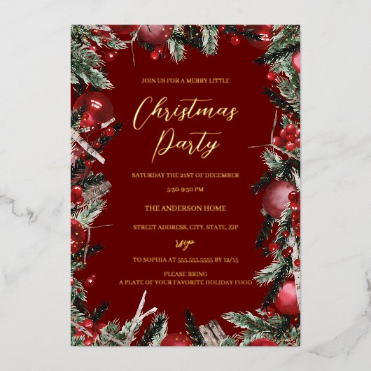 Kerstrode gouden feestdag folie uitnodiging (Voorkant)