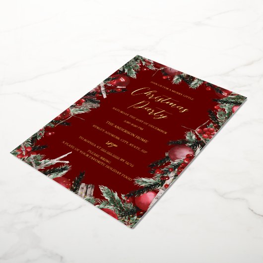 Kerstrode gouden feestdag folie uitnodiging (Gedraaid)