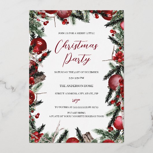 Kerstrode gouden feestdag folie uitnodiging (Voorkant)