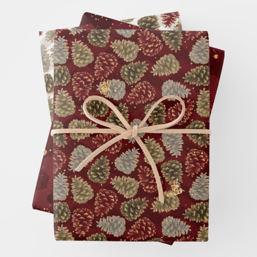 Kerstrode goudluxe Pine Cone Pattern Inpakpapier Vel (In situ)