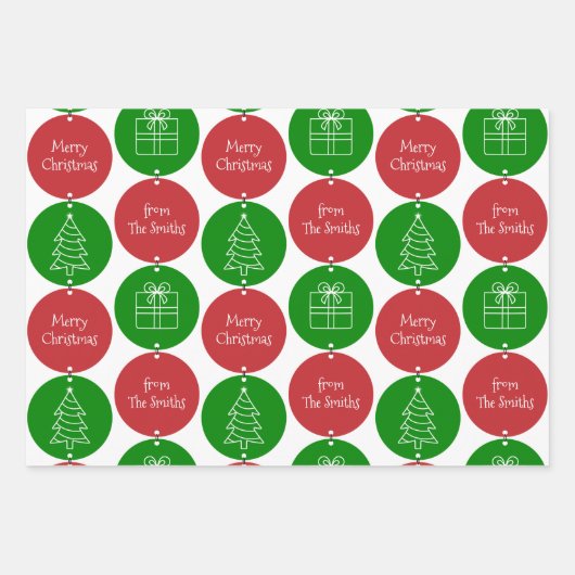 Kerstrode groene cirkels Aangepaste familienaam Inpakpapier Vel (Voorkant 3)