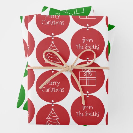 Kerstrode groene cirkels Aangepaste familienaam Inpakpapier Vel (In situ)