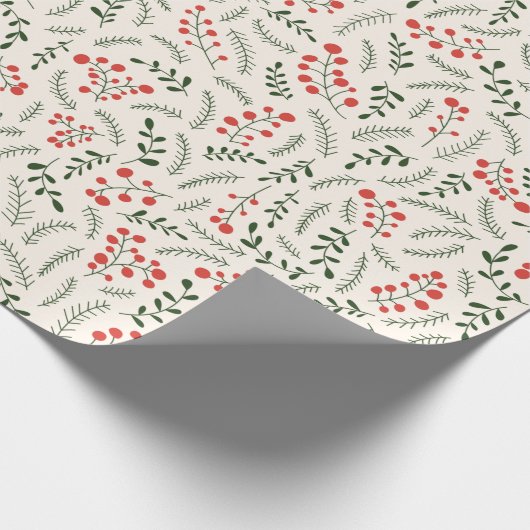 Kerstrode groene pine, landbessen cadeaupapier (Hoek)