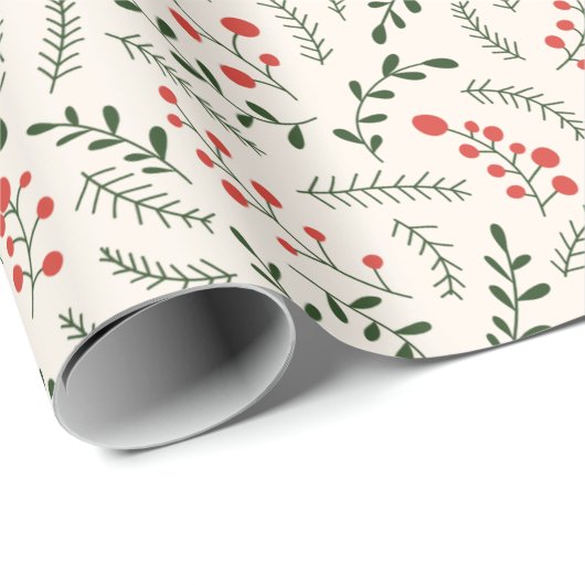 Kerstrode groene pine, landbessen cadeaupapier (Rol Hoek)