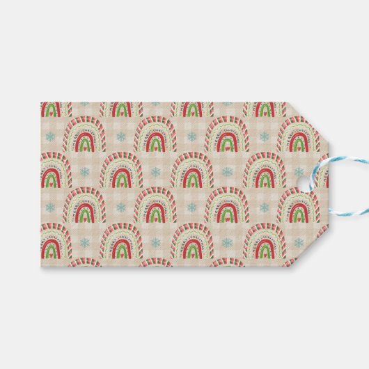 Kerstrode groene regenbogen en sneeuwvlokken cadeaulabel (Voorkant (Horizontaal))