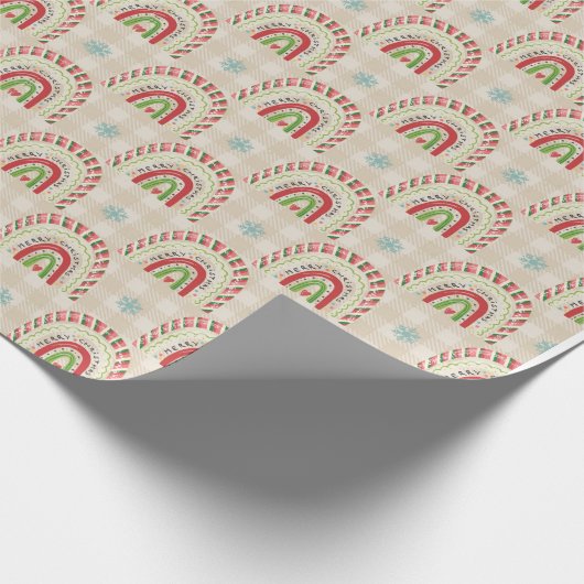 Kerstrode groene regenbogen en sneeuwvlokken cadeaupapier (Hoek)