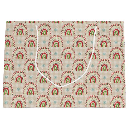 Kerstrode groene regenbogen en sneeuwvlokken groot cadeauzakje (Voorkant)