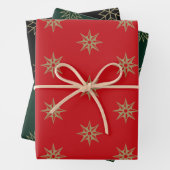 Kerstrode groene sneeuwvlokken, zwarte en gouden s inpakpapier vel (In situ)