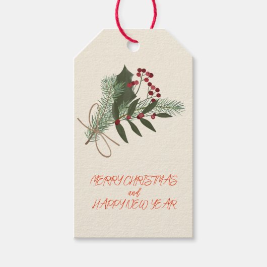 Kerstrode Holly Berries Cadeaulabel (Voorkant)