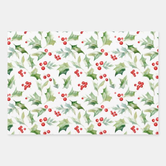 Kerstrode Holly Berries Inpakpapier Vel (Voorkant 3)