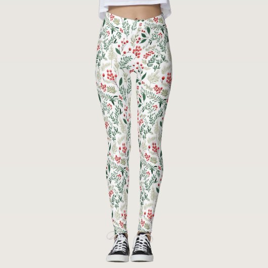 Kerstrode Holly Berries Leggings (Voorkant)