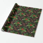 Kerstrode Holly Berry en groene bladeren Cadeaupapier (Uitgerold)