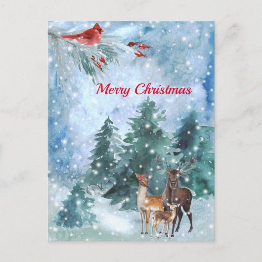 Kerstrode kardinaal Deer Landscape Waterverf Feestdagenkaart (Voorkant)
