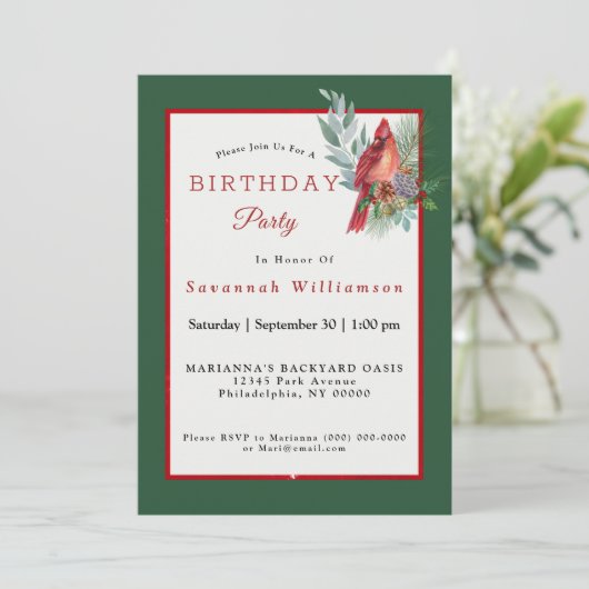 Kerstrode kardinaal Greenery Birthday Kaart (Staand voorkant)