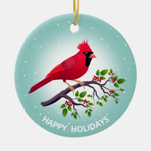 Kerstrode kardinaal vogel op Blauwgroen Keramisch Ornament (Voorkant)