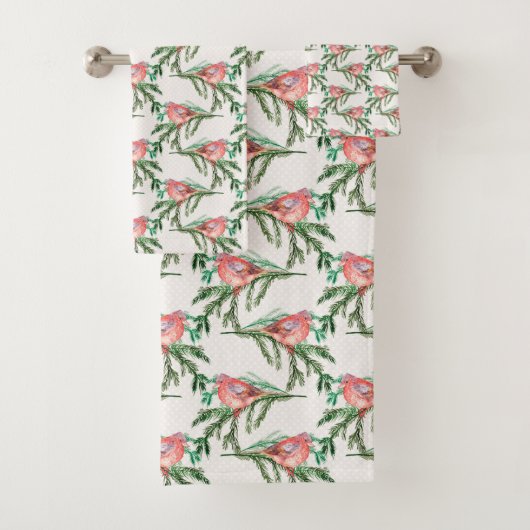 kerstrode kardinalen op de pijnboomafdeling bad handdoek (Insitu)