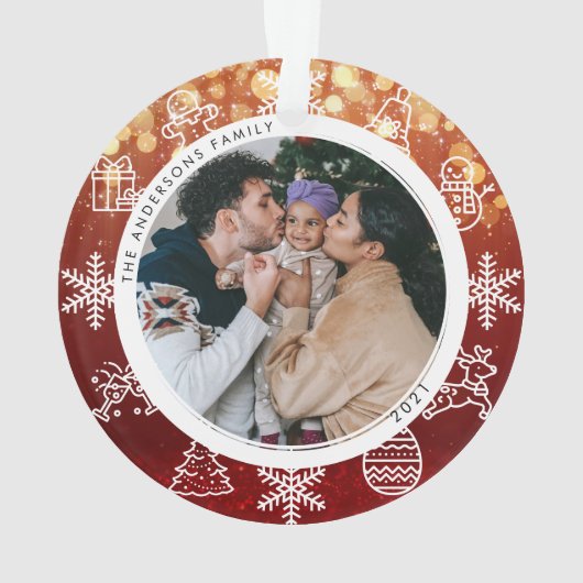 Kerstrode lichten tweeduige naam en jaarlijkse fot ornament (achterkant)