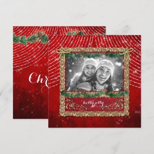 Kerstrode lichtjes Gold Glitter-fotokaart Feestdagenkaart (Voorkant / Achterkant)