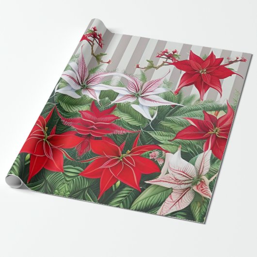 Kerstrode maryllis en Poinsettias Cadeaupapier (Uitgerold)