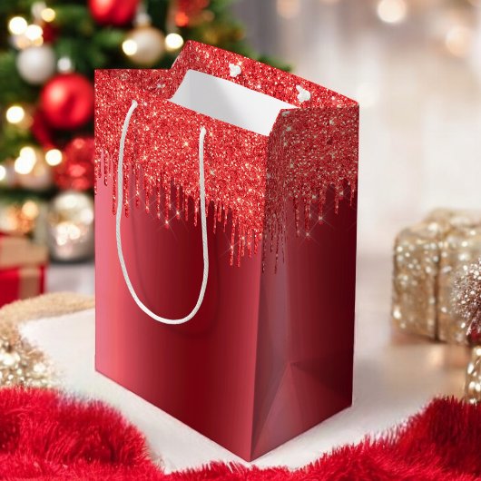 Kerstrode metalen druppelaar met glitter Gift Bag Medium Cadeauzakje